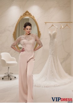 Lace Half Sleeve Formal Pantsuit – Full Length Mother of the Bride Outfit