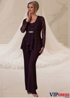 Elegant Chiffon Lace Scoop Neck Illusion Sleeve Mother of the Bride Pantsuit
