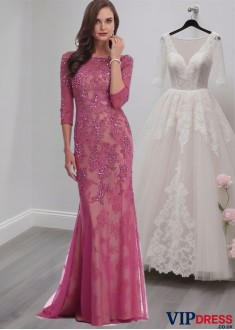 Elegant Full-Length Tulle Sheath Mother of the Bride Dress with Illusion Sleeves