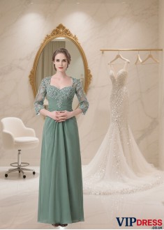 Green A-Line Mother of the Bride Dress with Queen Anne Neckline and Illusion Sleeves