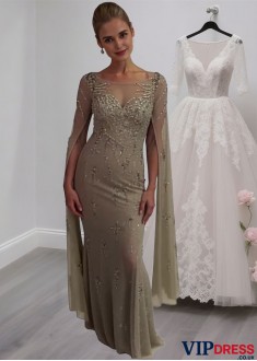 Elegant Scoop Neck Tulle & Lace Illusion Sleeve Full Length Mother of the Bride Dress