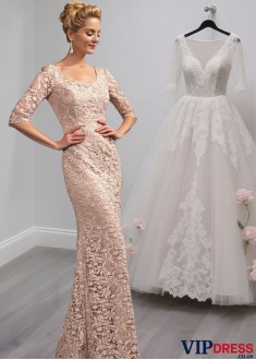 Full Length Lace Mother of the Bride Dress – Scoop Neck Sheath Gown with Sleeves