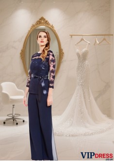 Long Sleeves Mother of the Bride Pantsuit with Bateau Neck and Lace Flower