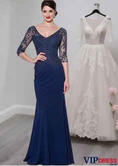 Elegant Blue V-Neck Tulle & Chiffon Sheath Mother of the Bride Dress
