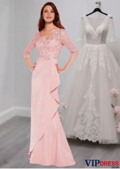 V-Neck Pink Satin Floor Length Half Sleeve Prom Dress With Beading