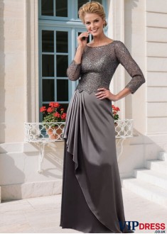 Elegant Satin Chiffon & Lace Mother of the Bride Dress – Bateau Neck A-Line Gown with Illusion Sleeves, Full Length