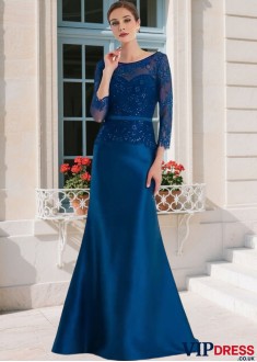 Lace Satin Mermaid Mother of the Bride Gown with Illusion Sleeves