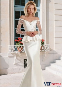 White Satin Mermaid Mother of the Bride Gown with Illusion Sleeves
