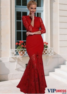 Jewel Neck Lace Tulle Mother Dress in Red