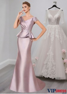 Satin V-Neck Cap Sleeve Mermaid Mother of the Bride Formal Dress
