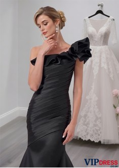 Black Satin One Shoulder Mother of the Bride Dress – Mermaid Evening Gown
