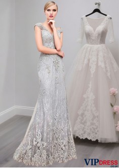Tulle V-Neck Mother of the Bride Dress – Full Length Sheath Gown with Cap Sleeves