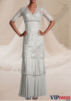 Lace & Silk-Like Chiffon V-Neck Illusion Sleeve Full-Length Formal Dress for Women