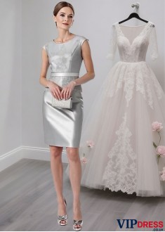 Short Jewel Neck Satin Knee Length Mother of the Bride Dresses
