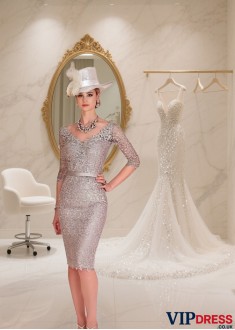 V Neck Lace Illusion Sleeve Knee Length Sheath Dress for Mother of the Bride