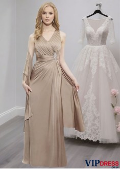 Elegant V-Neck Satin Chiffon Tank Sleeve Full-Length Mother of the Bride Dress