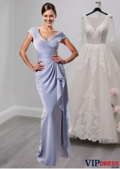 Graceful Chiffon V-Neck Sheath Full-Length Mother of the Bride Dress with Cap Sleeves