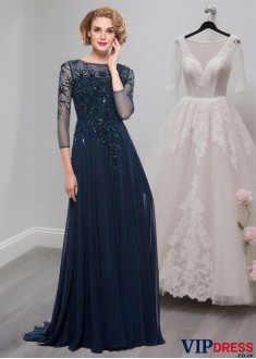 Elegant Chiffon Bateau Neck Illusion Sleeve A-Line Mother of the Bride Dress