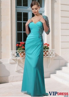 Elegant Chiffon Queen Anne Neck Mother of the Bride Dress with Illusion Sleeves – Full Length Column Gown