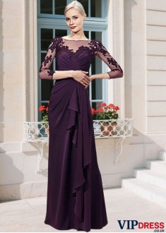 Chiffon Sheath Mother of the Bride Gown with Illusion Sleeves