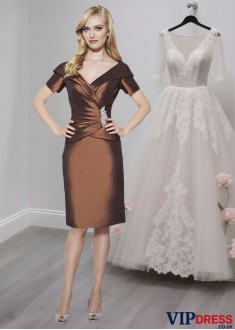 Chocolate Taffeta V-Neck Knee-Length Mother of the Bride Dresses Sheath