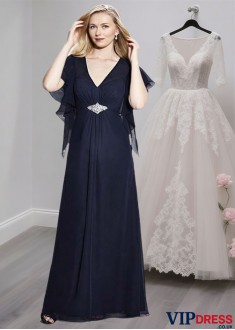Navy Chiffon V-Neck Mother of the Bride Dress with Cap Sleeves – Evening Gown