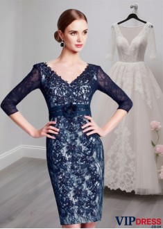 Lace V-Neck Illusion Sleeve Knee-Length Mother of the Bride Dress