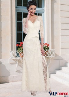 Elegant Lace V-Neck Mother of the Bride Dress – Full Length Sheath with Illusion Sleeves
