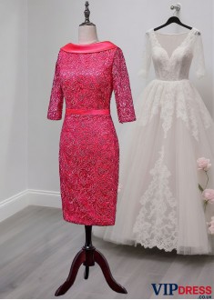Satin Lace Mother of the Bride Dress – Knee Length Sheath Party Dress
