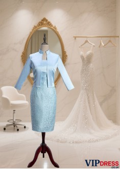 Cheap Knee-Length Lace Satin Mother of the Bride Dress with Jacket