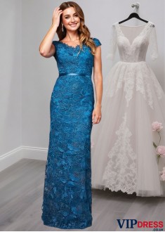 Blue Lace V-Neck Evening Mother of the Bride Dress For Wedding