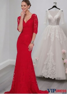 Lace V-Neck Mother of the Bride Dress – Formal Gown with Half Sleeves