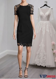 Black Short Illusion Sleeve Tulle & Satin Mother of the Bride Dress with Jewel Neckline