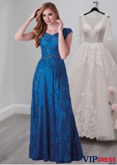 Blue Lace Scoop Neck Mother of the Bride Dress – Full-Length A-Line with Cap Sleeves