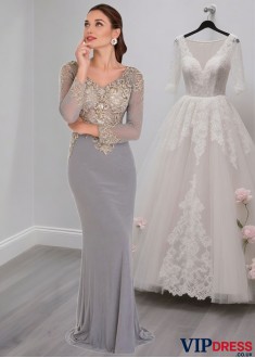 V-Neck Long Sleeves Evening Tulle & Spandex Mother of the Bride Dresses
