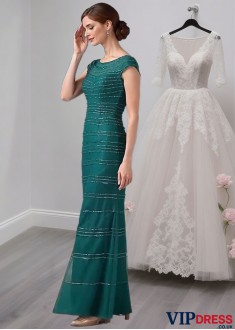 Green Tulle Mother of the Bride Dress – Full Length Sheath Gown with Cap Sleeves