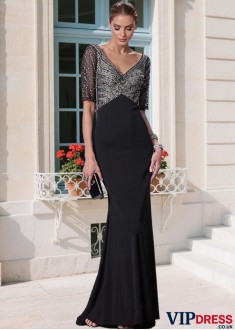 Elegant Black Tulle Chiffon V-Neck Illusion Sleeve Sheath Mother of the Bride Dress – Full Length