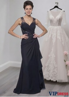 V-Neck Floor Length Chiffon Sheath Mother of the Groom Dress For Evening