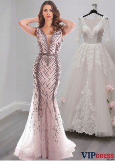 Pink Tulle V-Neck Prom Evening Dress – Cap Sleeve Formal Sheath Gown