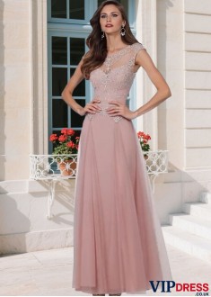 Elegant Tulle Bateau Neckline A-Line Mother of the Bride Dress with Cap Sleeves – Full Length Gown