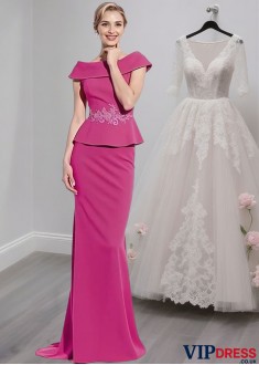 Off The Shoulder Satin Full Length Mother of the Bride Dress with Cap Sleeves