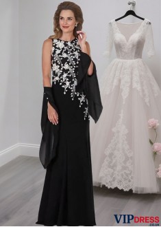 Black Satin Jewel Neck Mother of the Bride Dress – Full-Length Sheath Gown