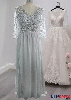 Gray V-Neck Mother of the Bride Dress – A Line Gown in Tulle and Sleeves