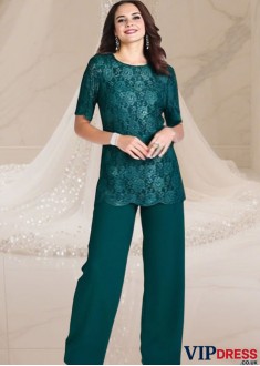 Two Pieces Lace Chiffon Mother of the Bride Pantsuit Green — Jewel Neckline