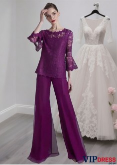 Scoop Neck Chiffon Mother of the Bride Pantsuit – Elegant 3/4 Sleeves Outfit