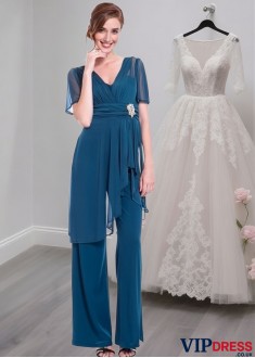 V-Neck Full-Length Chiffon Mother of the Bride Pantsuit with Sleeves
