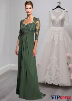 Full-Length Green Chiffon A-Line Mother of the Bride Dress with Illusion Sleeves