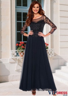 Elegant Tulle & Chiffon Bateau Neck Mother of the Bride Dress – A-Line Full Length with Illusion Sleeves