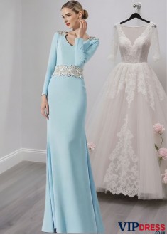 Blue V-Neck Formal Mother Dress – Full Length Sheath Evening Gown