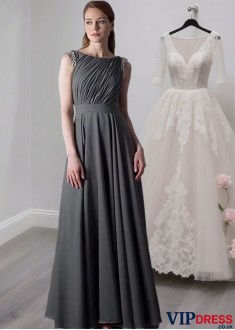 Chiffon A-Line Mother of the Bride Dress with Bateau Neckline – Full Length Gown